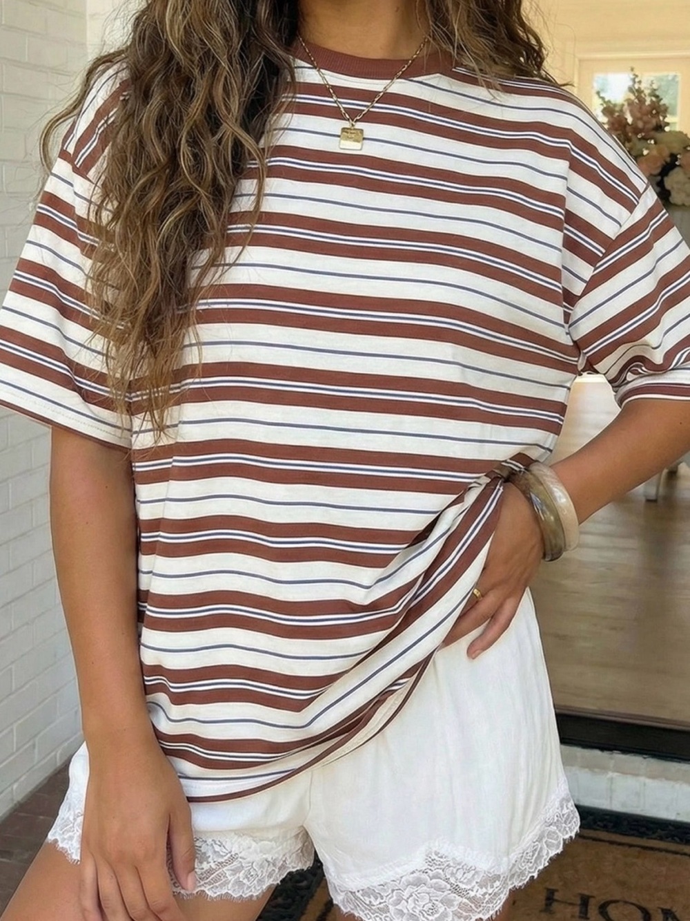Women's Brown & White Striped Short Sleeve Tee